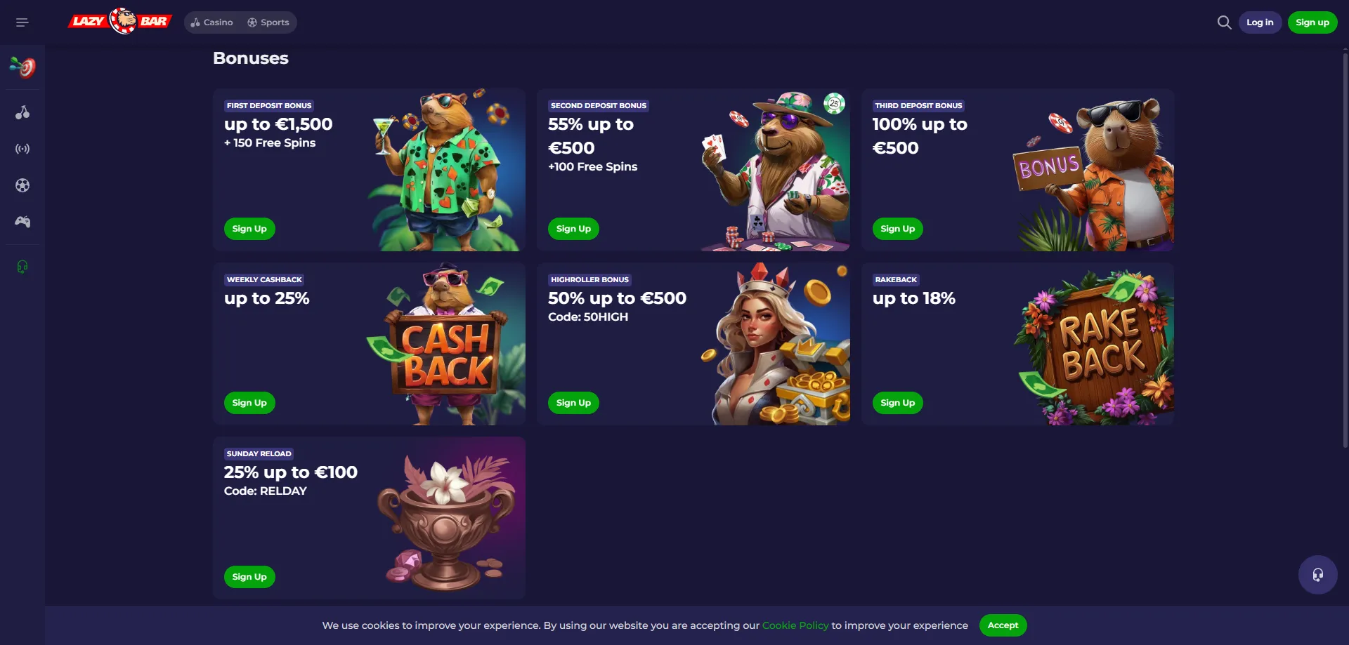 Lazybar Casino bonus di benvenuto fino a &euro;450 e 250 giri gratuiti