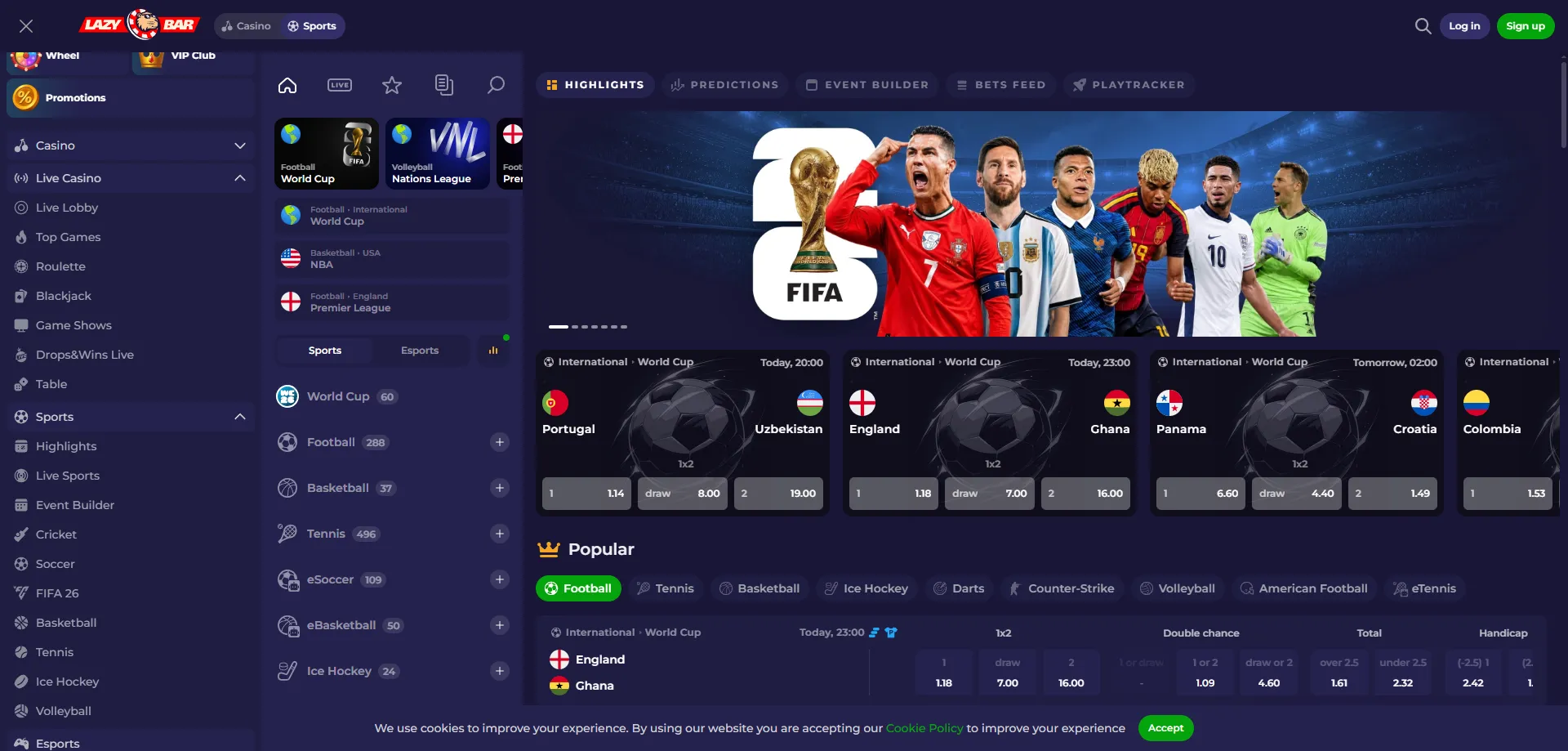 Scommesse sportive live e pre-partita su Lazybar Casino Italia